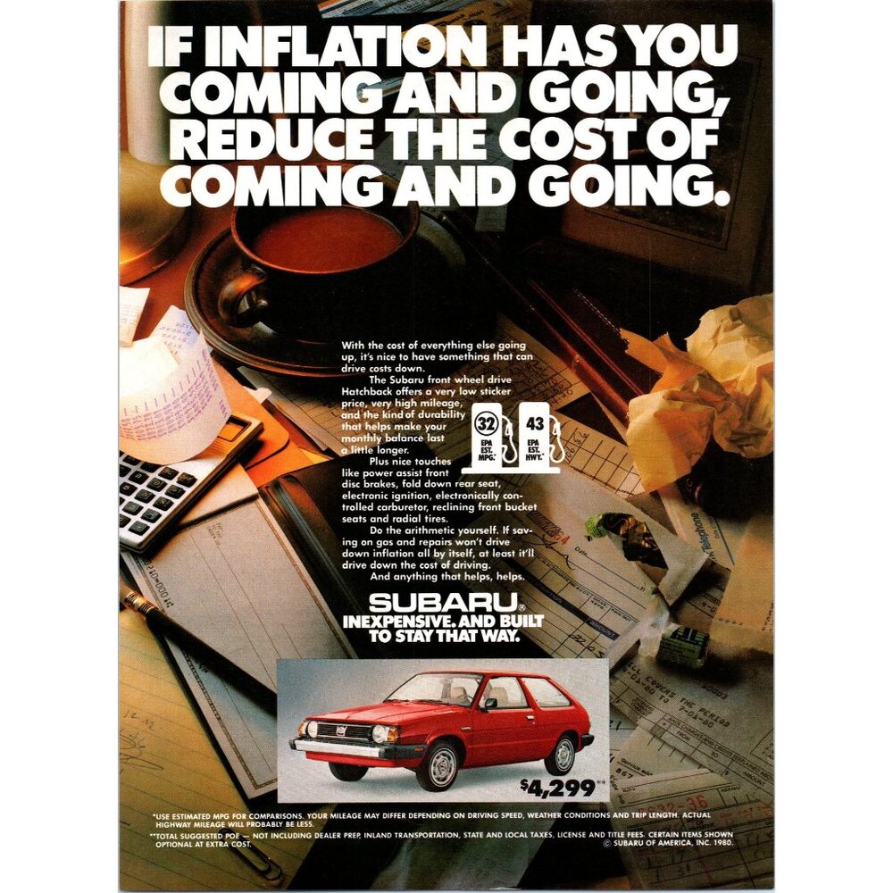 1981 Subaru Hatchback Economy Car Vintage Print Ad 80s Inflation Wall Art